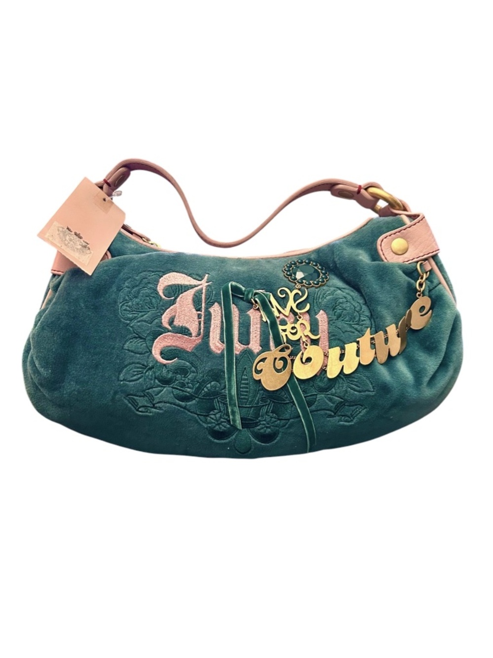 NWT VTG Y2K Juicy Couture Velour Hobo Bag Teal/ Blue Green Pink Charms Pink Trim